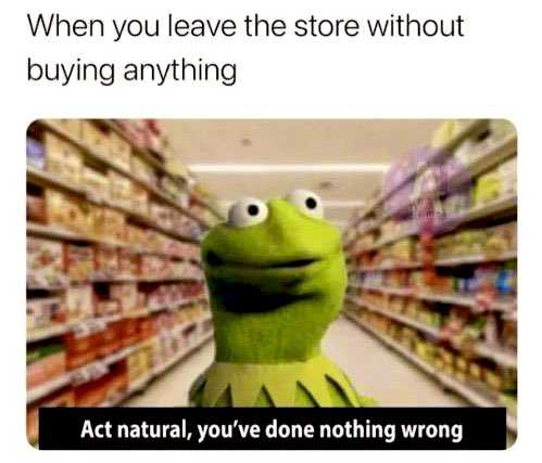 a green frog with a caption saying, when you leave the store without buying anything