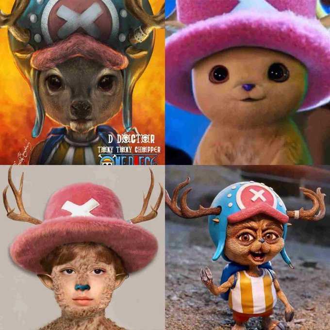 there are four pictures of a monkey with a hat and a deer with horns