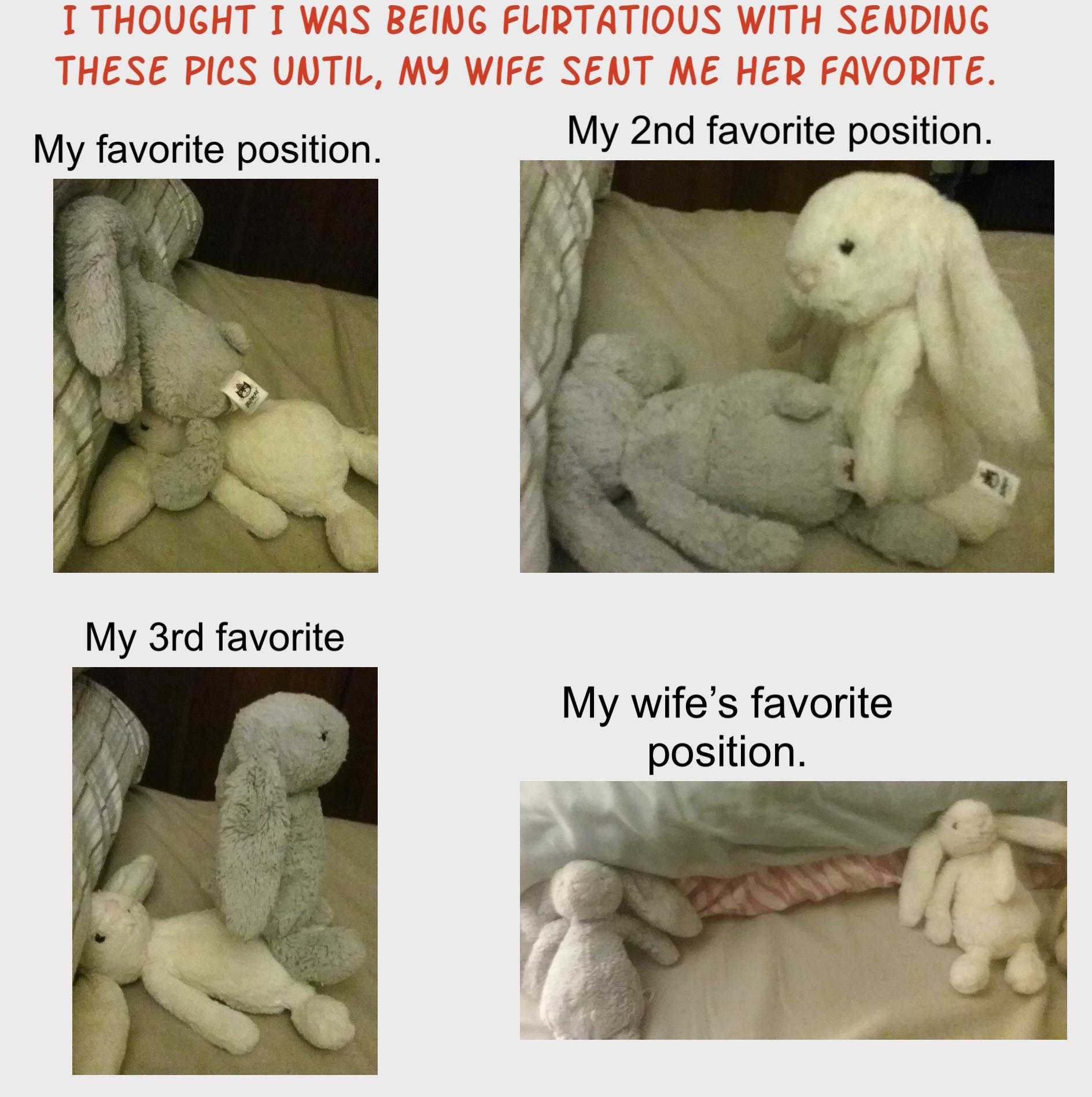 there are four pictures of a stuffed animal that are on a bed