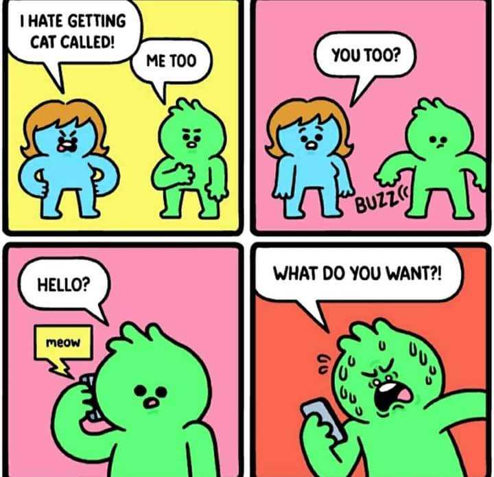 a cartoon of a comic strip with a green cat talking on a phone