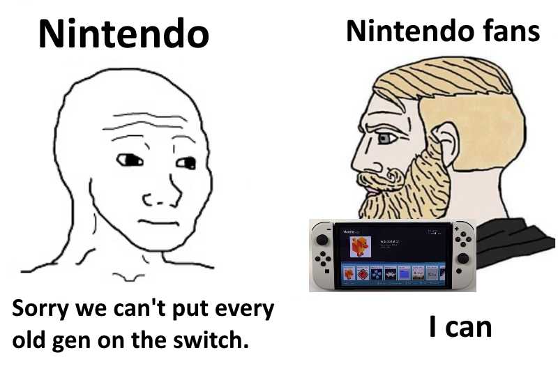 a cartoon drawing of a man with a beard and a nintendo fan