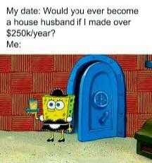 a cartoon spongebob standing in front of a blue door