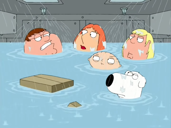 cartoon of a group of people in a flooded room with a dog