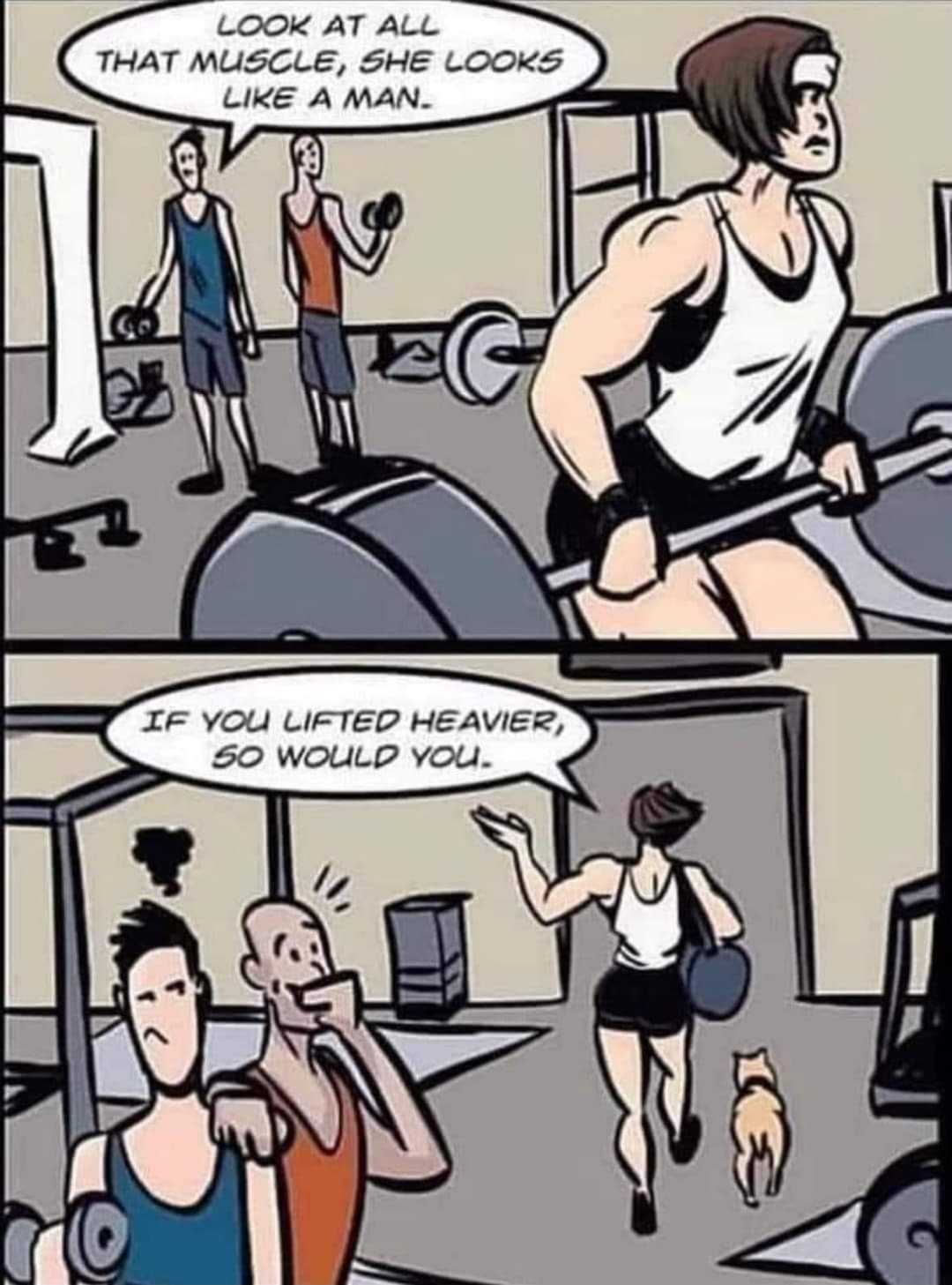 cartoon of a man and woman in a gym room with a barbell