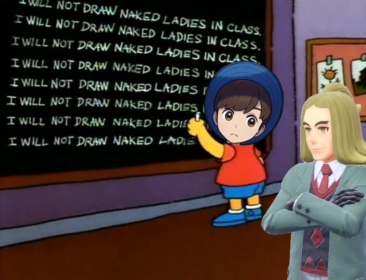 cartoon of a woman in a red shirt and blue jacket standing in front of a blackboard