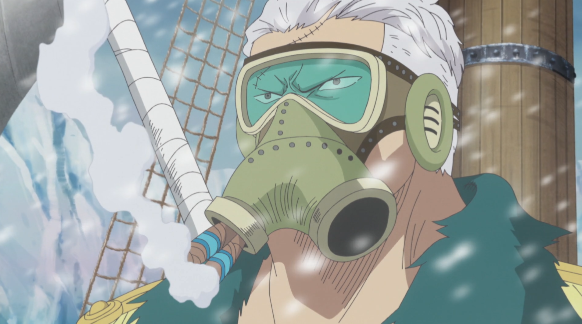 anime character with gas mask and goggles blowing steam