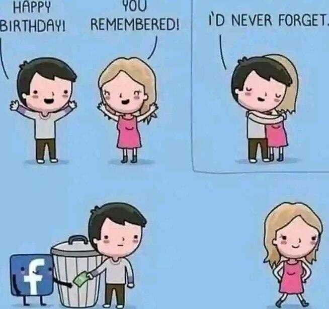 cartoon of a couple celebrating a birthday with a trash can