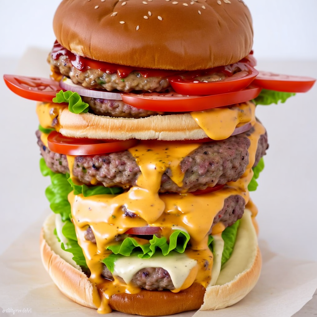 a close up of a hamburger with cheese and tomatoes on a bun