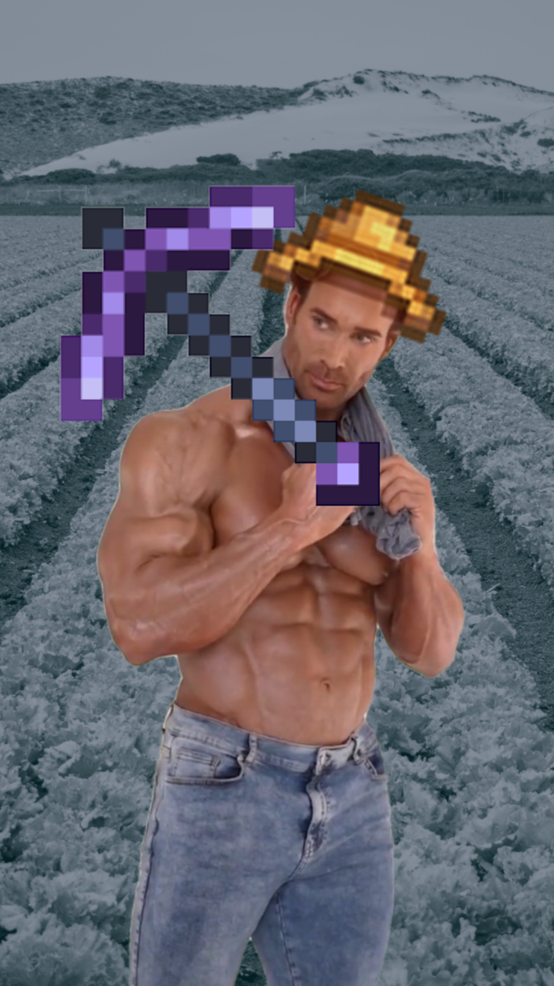 there is a man with a pixel head holding a purple and yellow sword