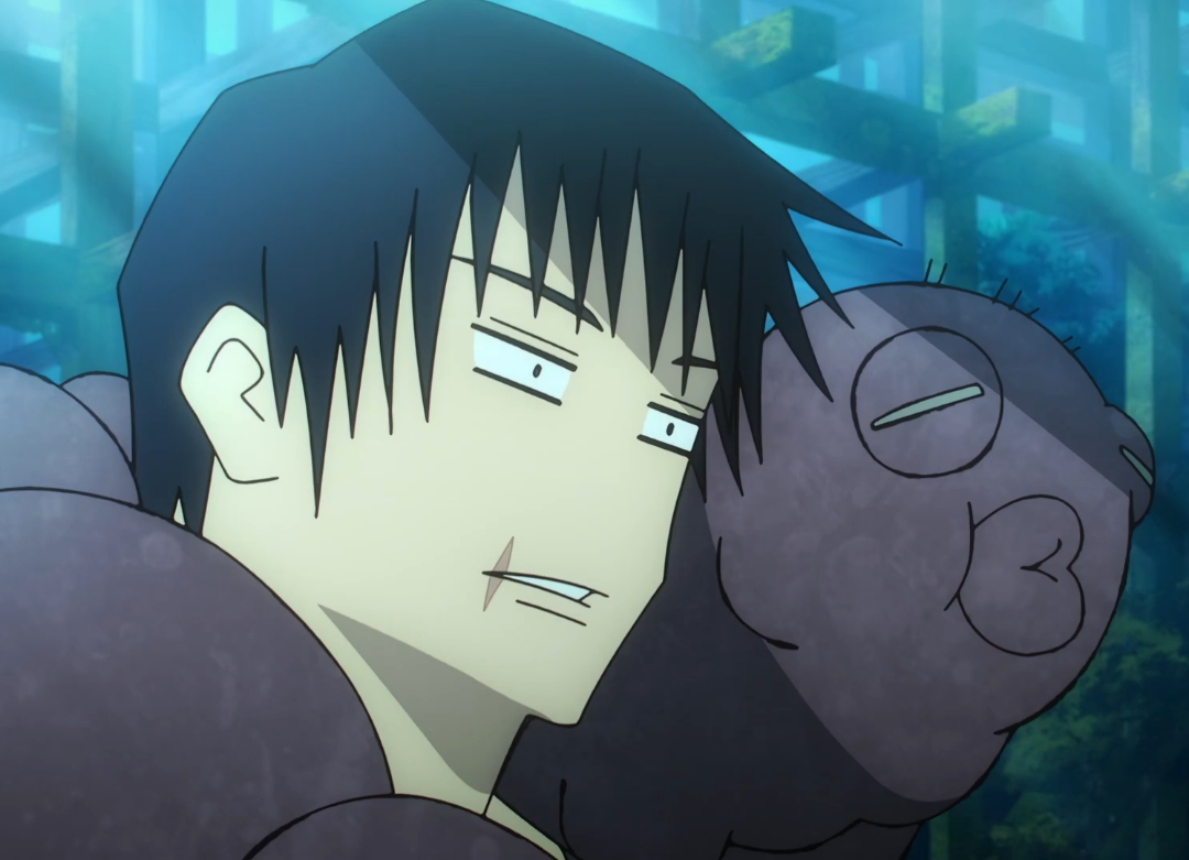 anime character with black hair and blue eyes holding a purple pig