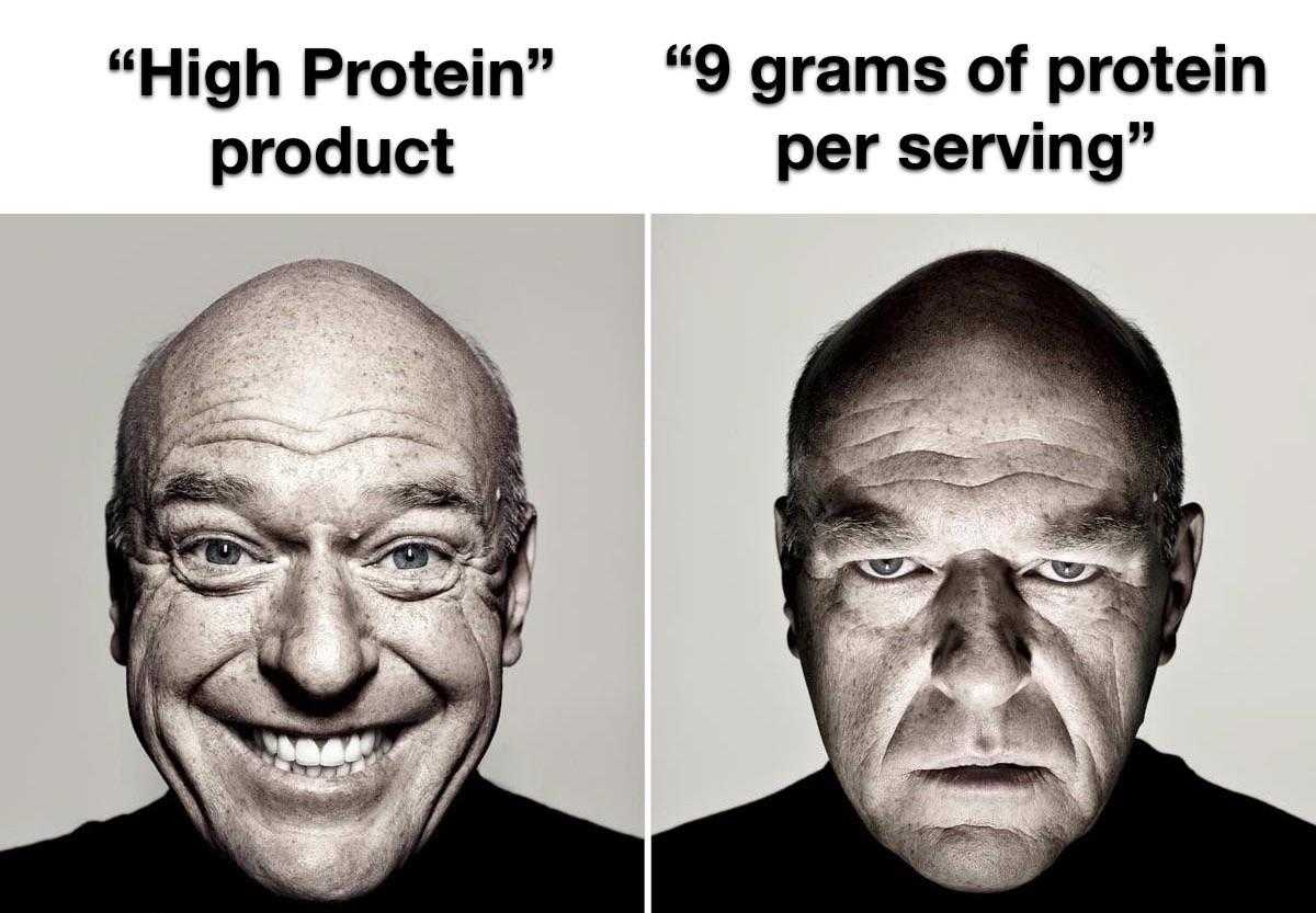 a close up of two photos of a man with a high protein product