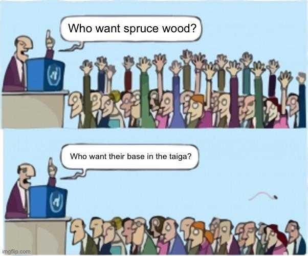 cartoon of a man speaking to a crowd of people who want space wood