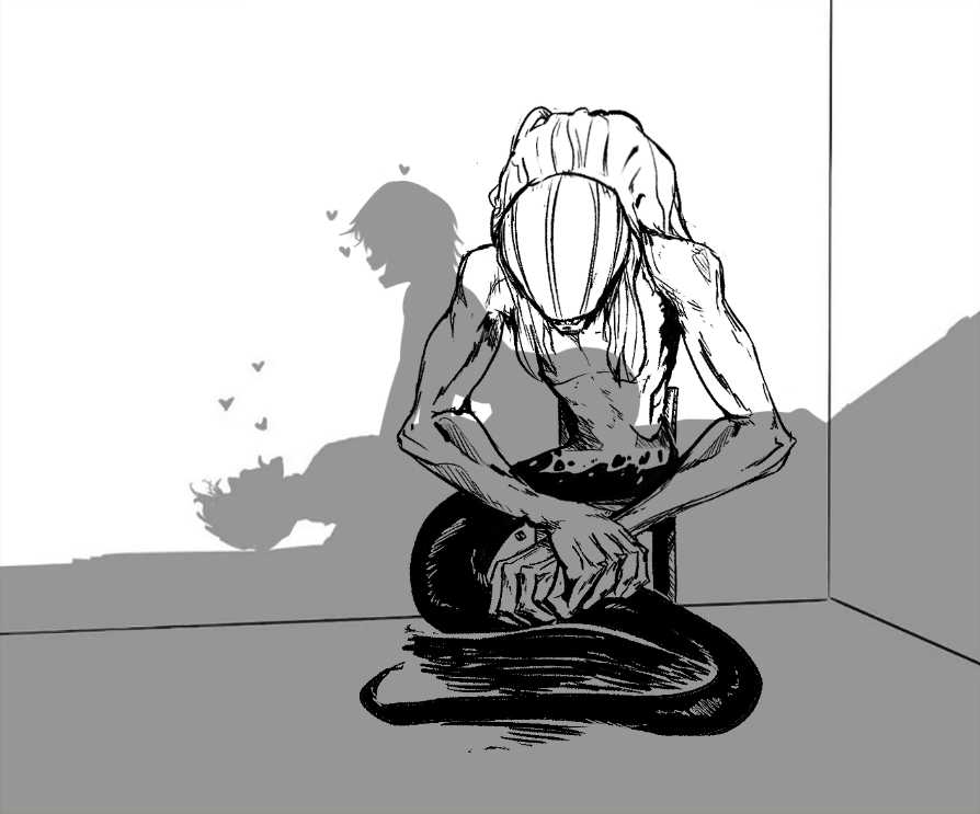 a drawing of a woman sitting on a floor with her hands on her knees