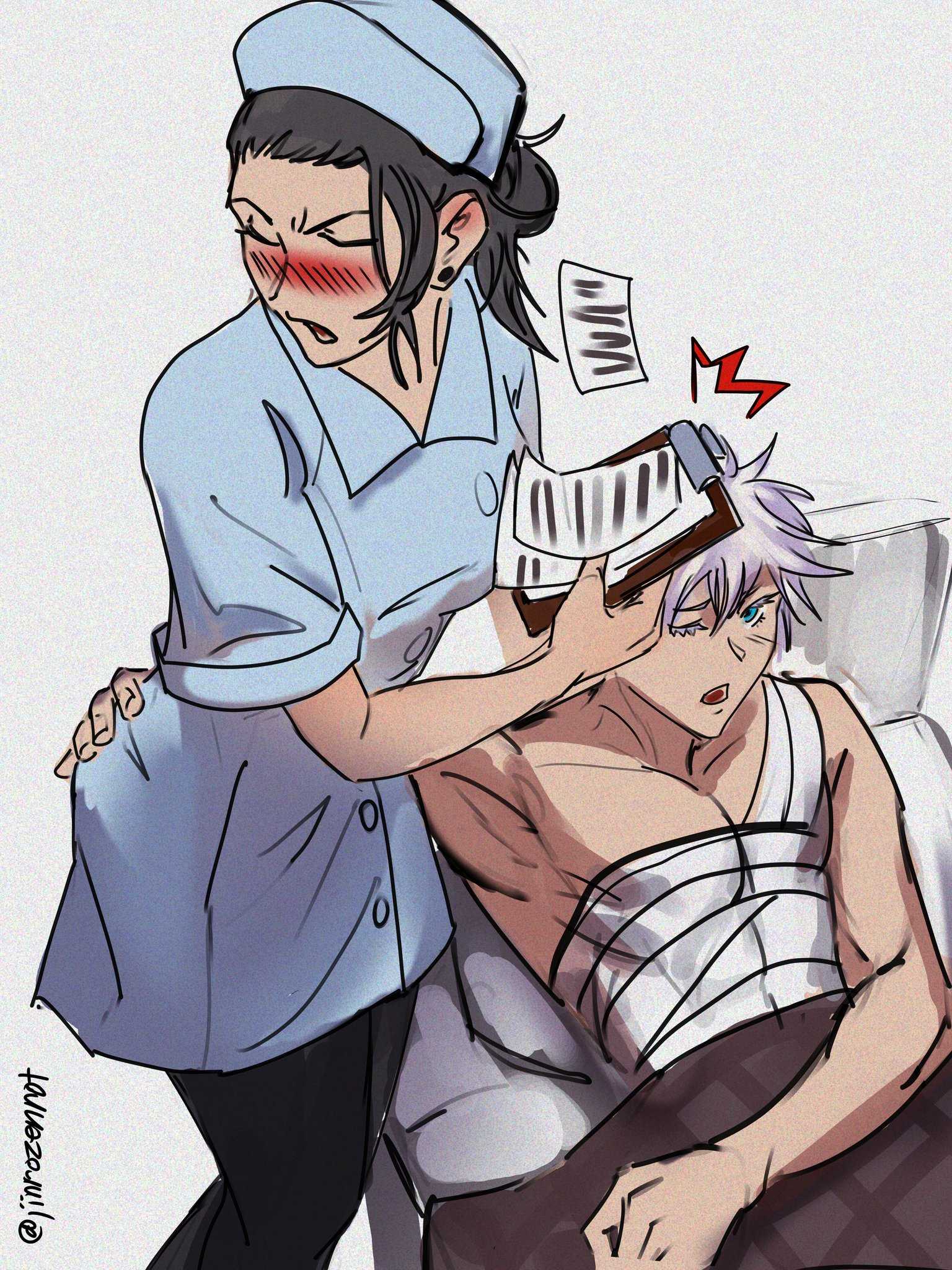 anime nurse helping a patient with a book in bed