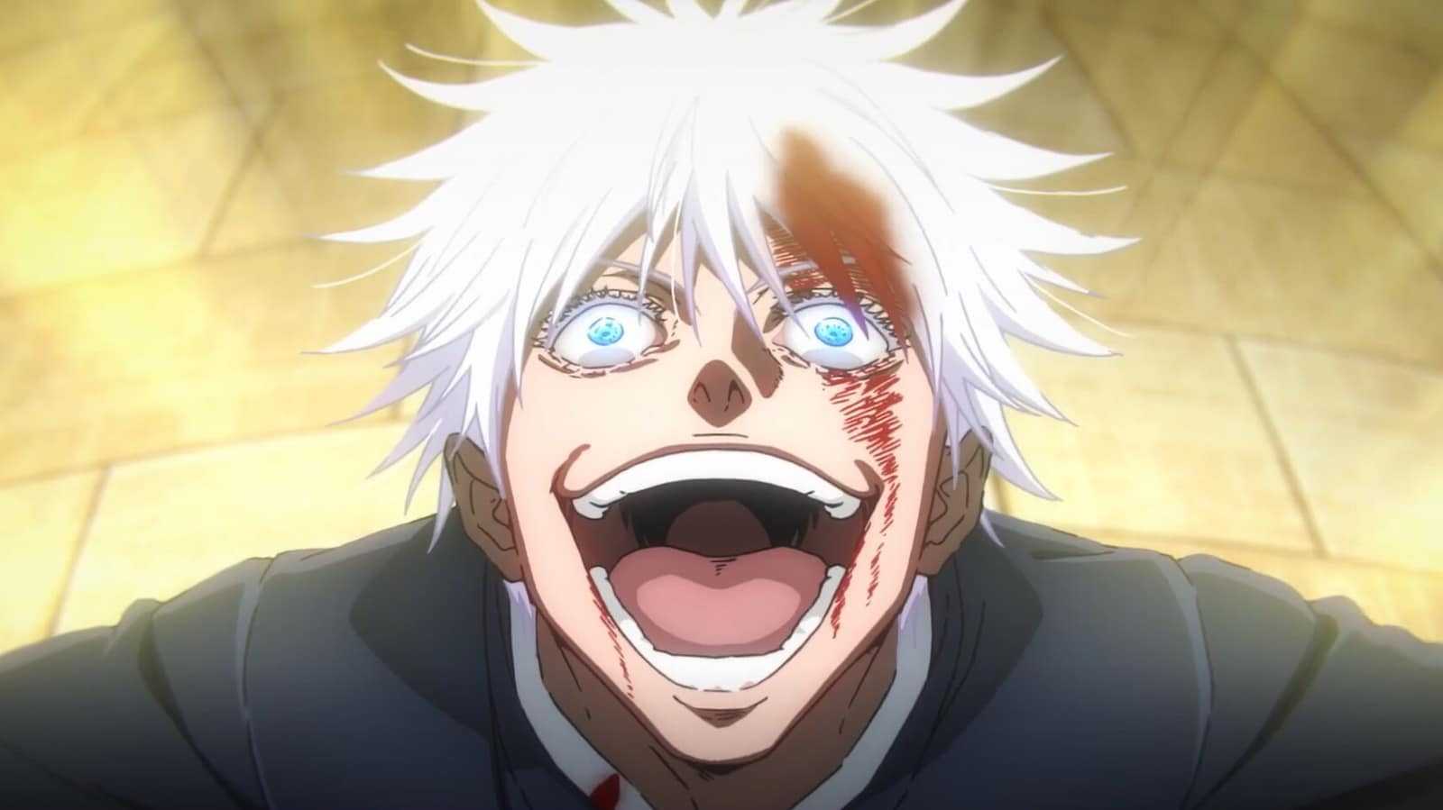 anime character with white hair and blue eyes with open mouth