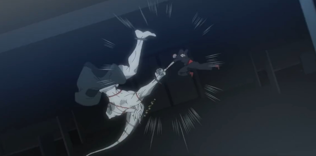 anime scene of a man falling off a building with a clock in the background