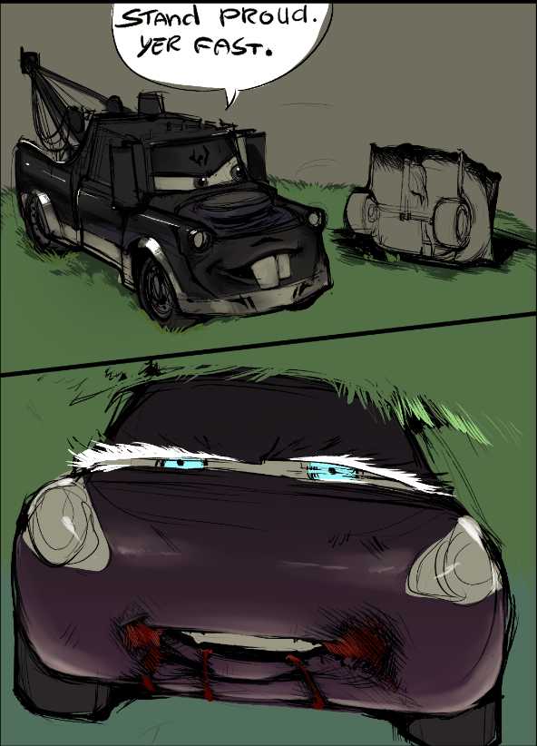 a cartoon of a car with a broken front bumper and a broken hood