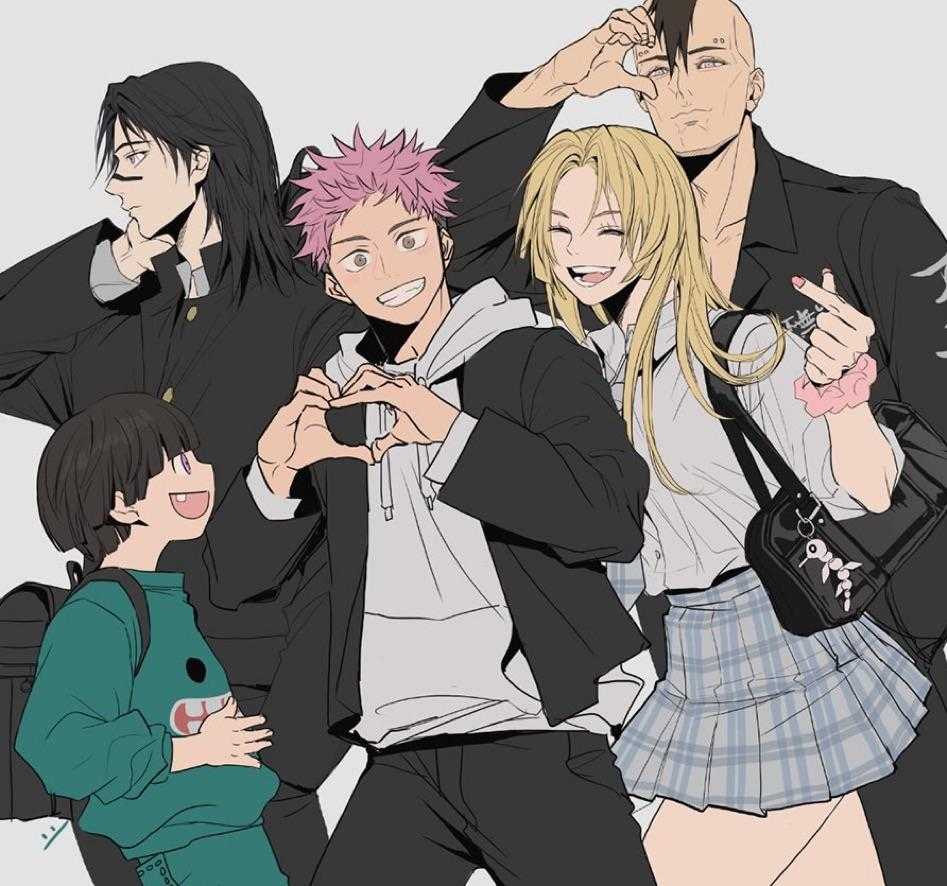 anime characters posing for a picture with a child