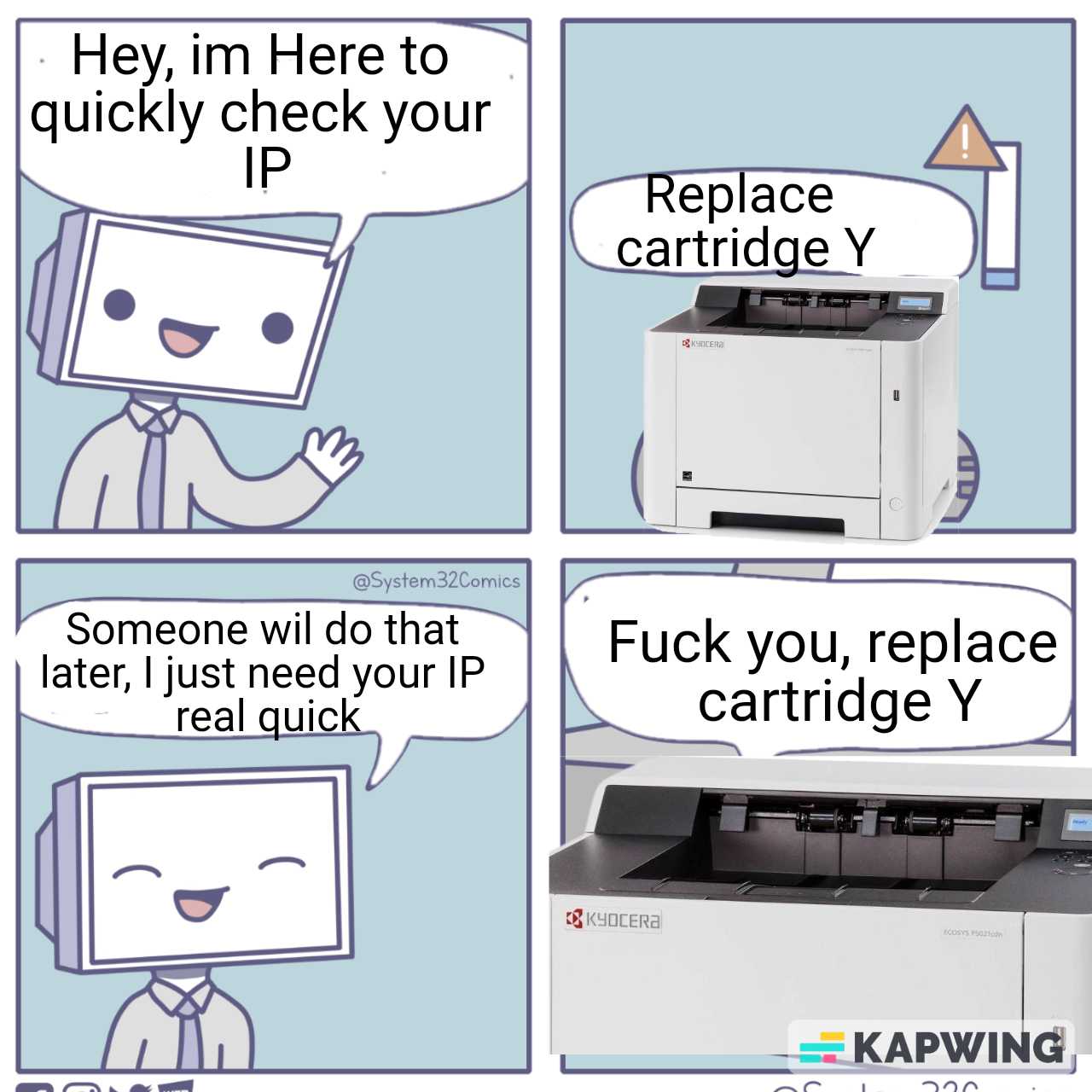 a cartoon of a printer with a caption saying, hey, im here to quickly check your printer