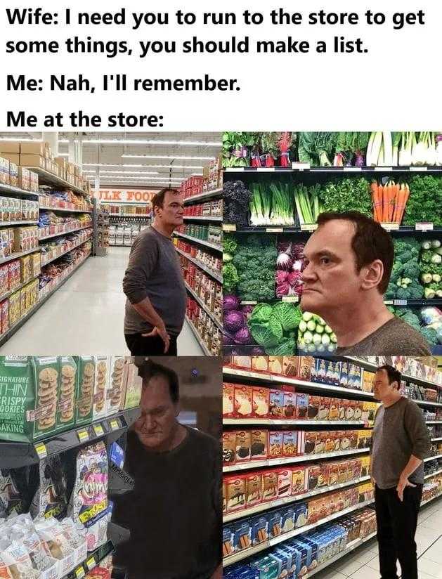 a couple of men standing in a grocery store next to each other