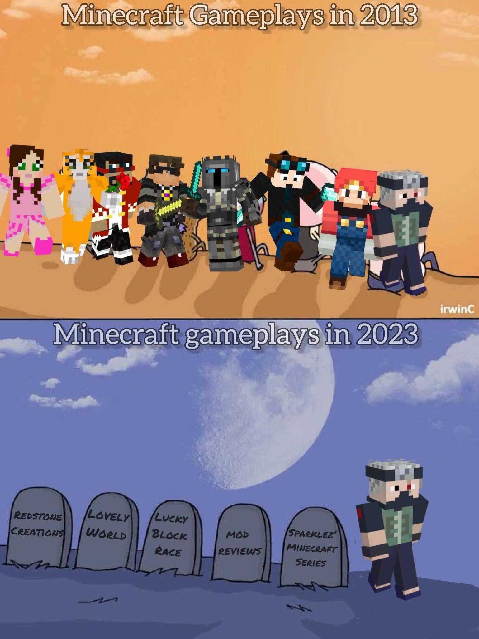 there are two pictures of a bunch of people in minecraft