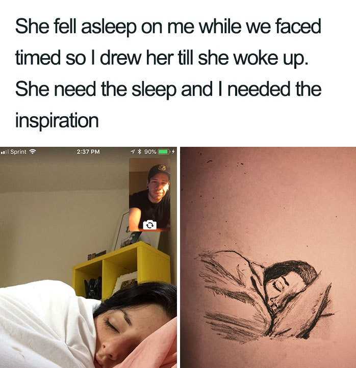 a woman laying in bed with a drawing of a sleeping woman