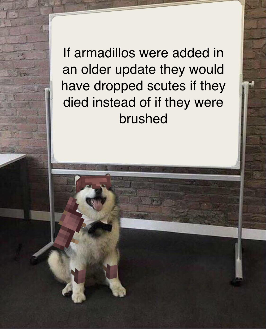 dog sitting in front of a white board with a message on it