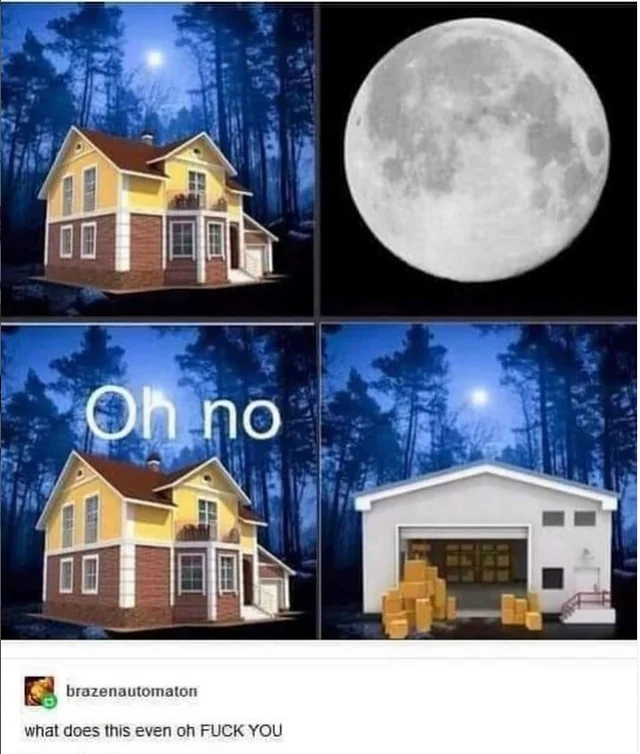 a series of pictures of a house with a full moon in the background