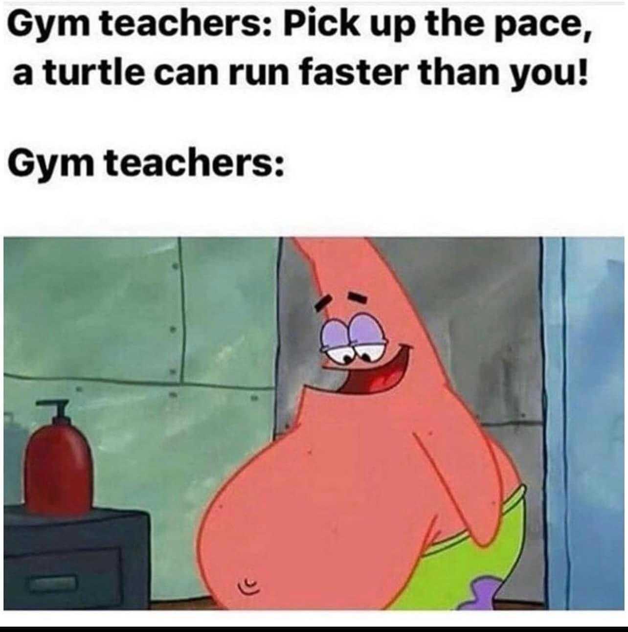 a cartoon image of a woman with a large breast and a caption that reads gym teachers pick up the