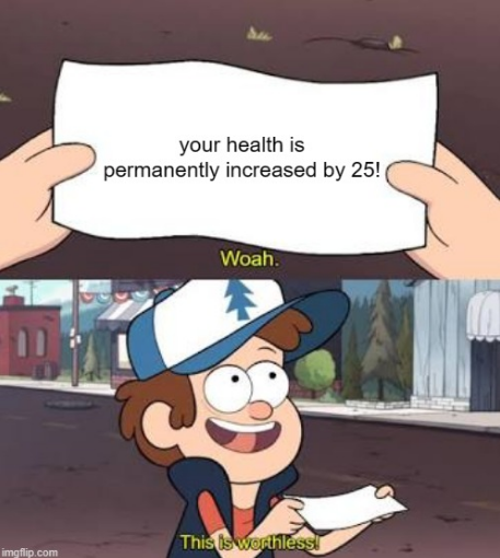 a cartoon picture of a man holding a sign that says your health is permanently increased by 23