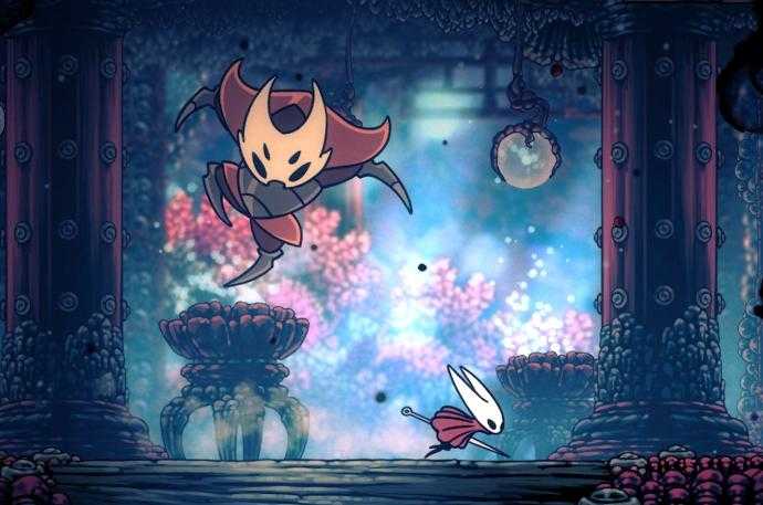 a cartoon image of a demon flying over a flower filled garden