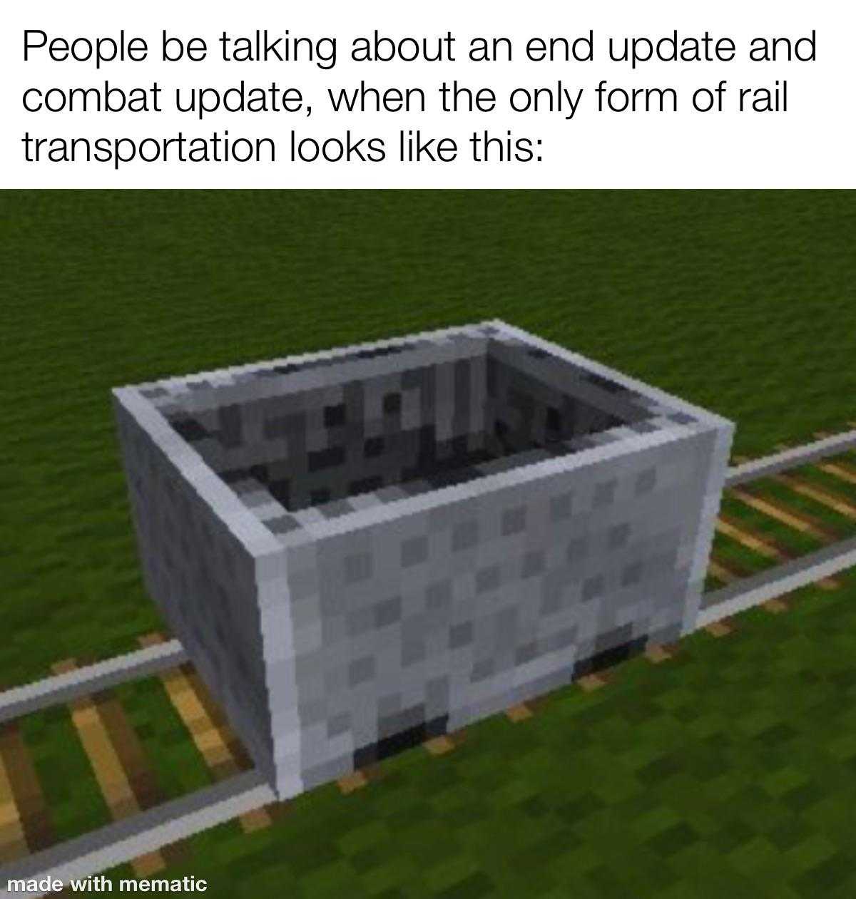 a picture taken from a minecraft video of a train with a box on the tracks