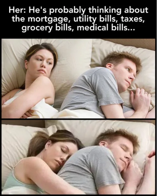 man and woman sleeping in bed with a caption of a joke