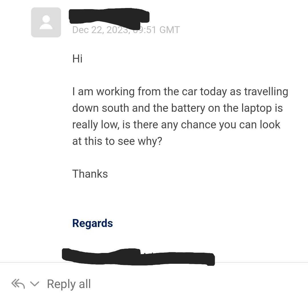 a screenshot of a text message from a customer asking to use a laptop