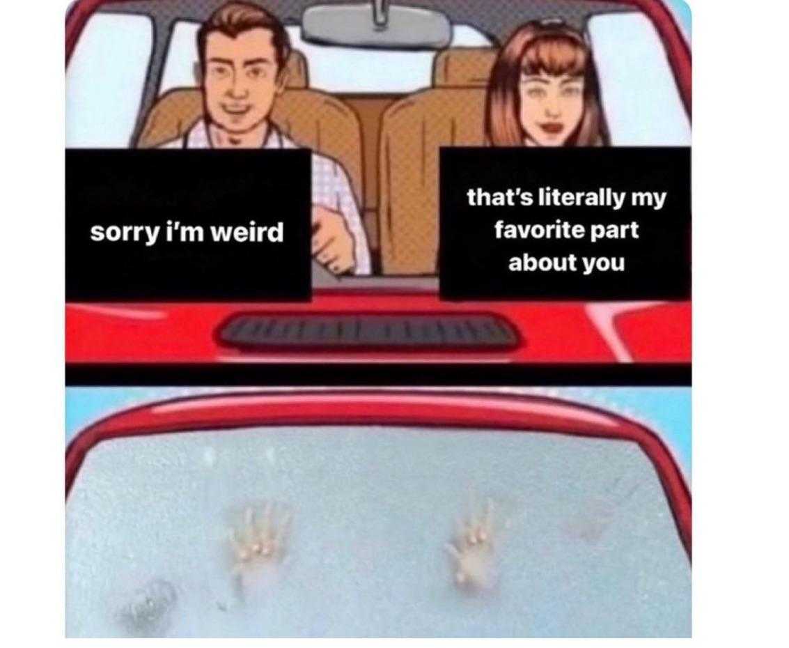 a cartoon picture of a man and woman in a car with a sign that says sorry i ' m weird