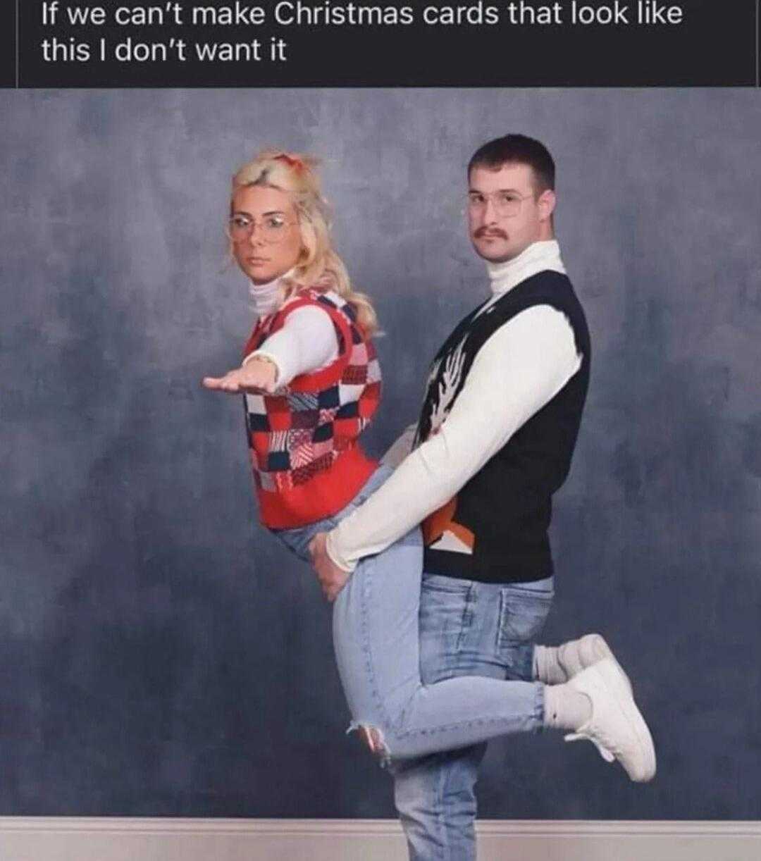 man and woman in a funny pose with a funny caption