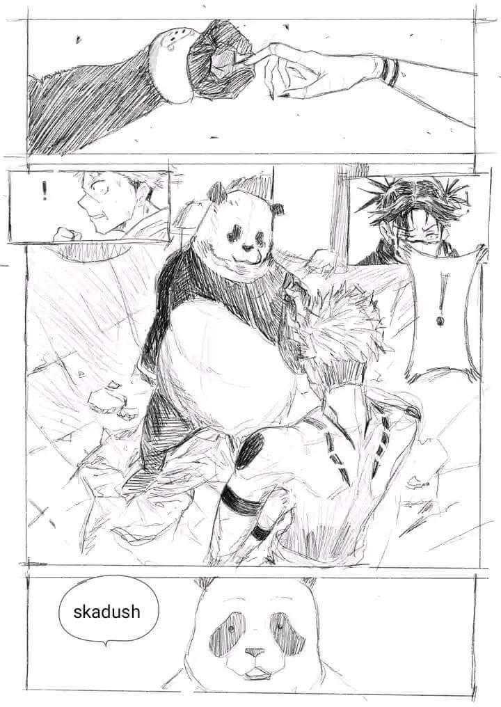 a drawing of a panda bear sitting on a bed next to a person