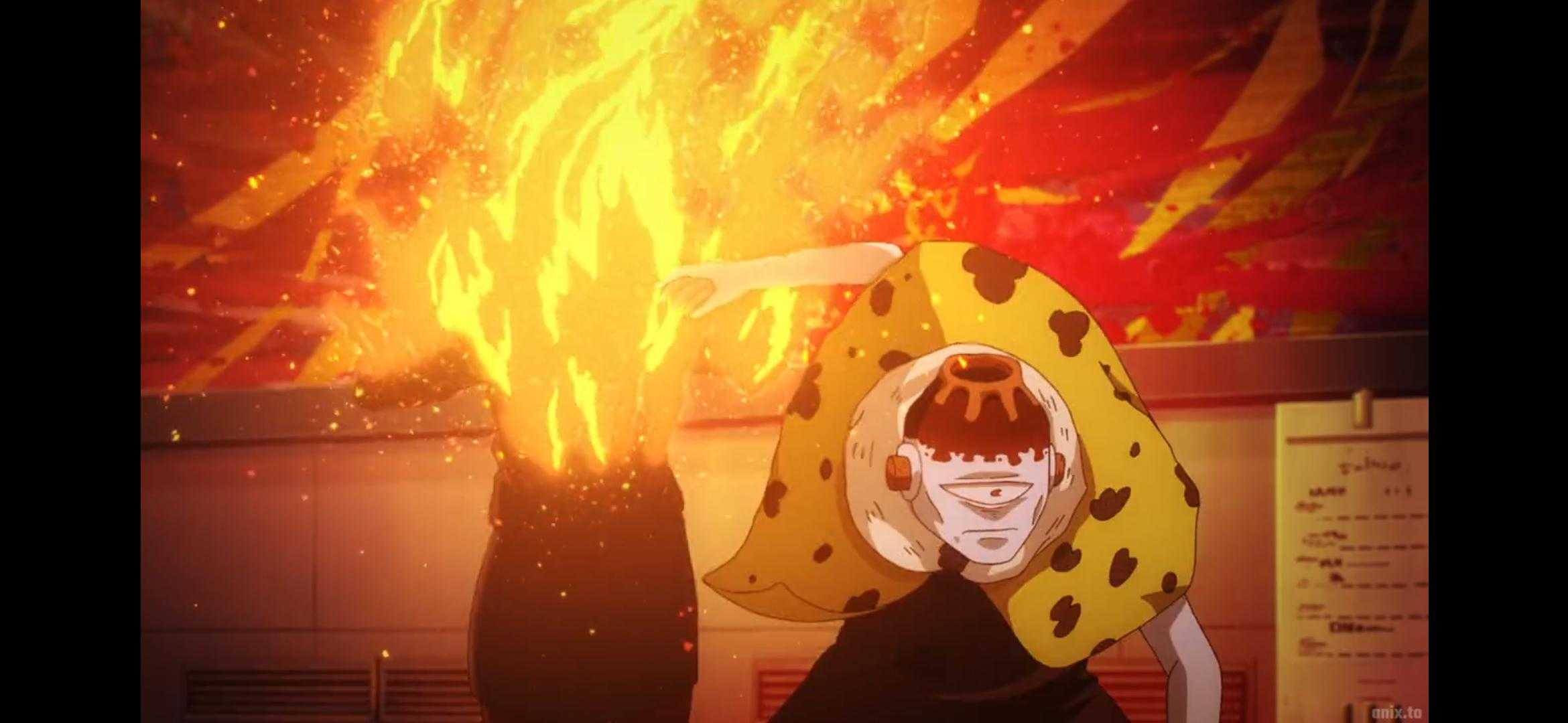 anime character with a banana on his head and a fire in the background