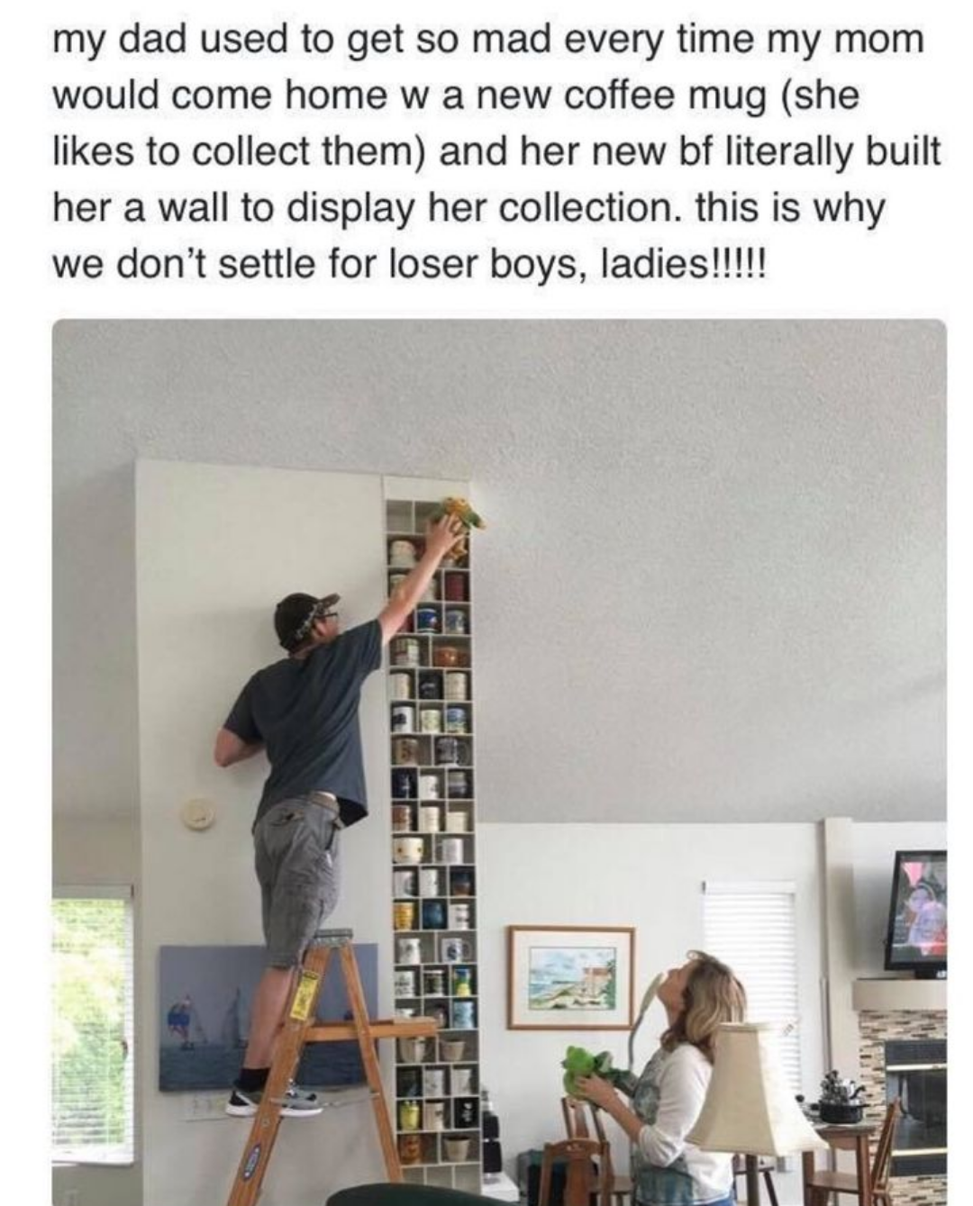 man on a ladder painting a wall with a bookcase