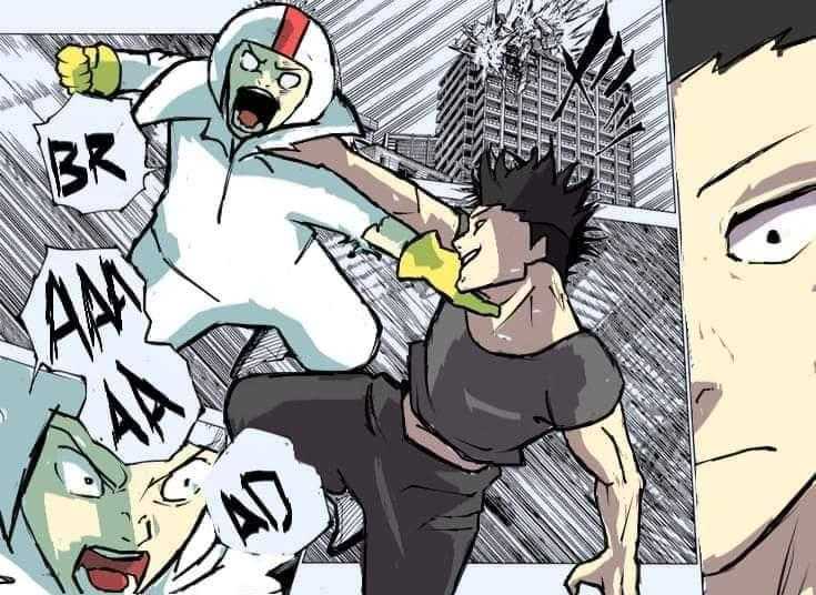 anime characters are fighting in a comic book with a city in the background