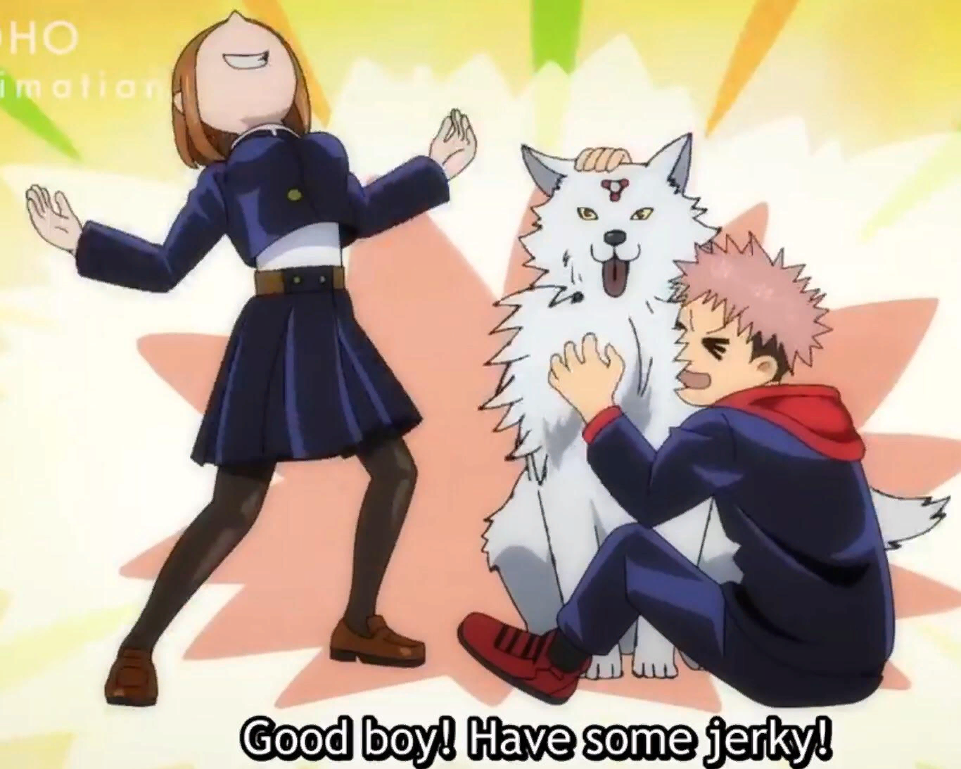 anime characters with a caption of a dog and a girl