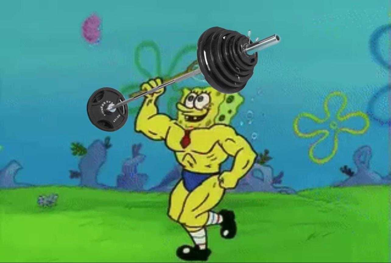 cartoon of a man lifting a barbell with a spongebob on his back