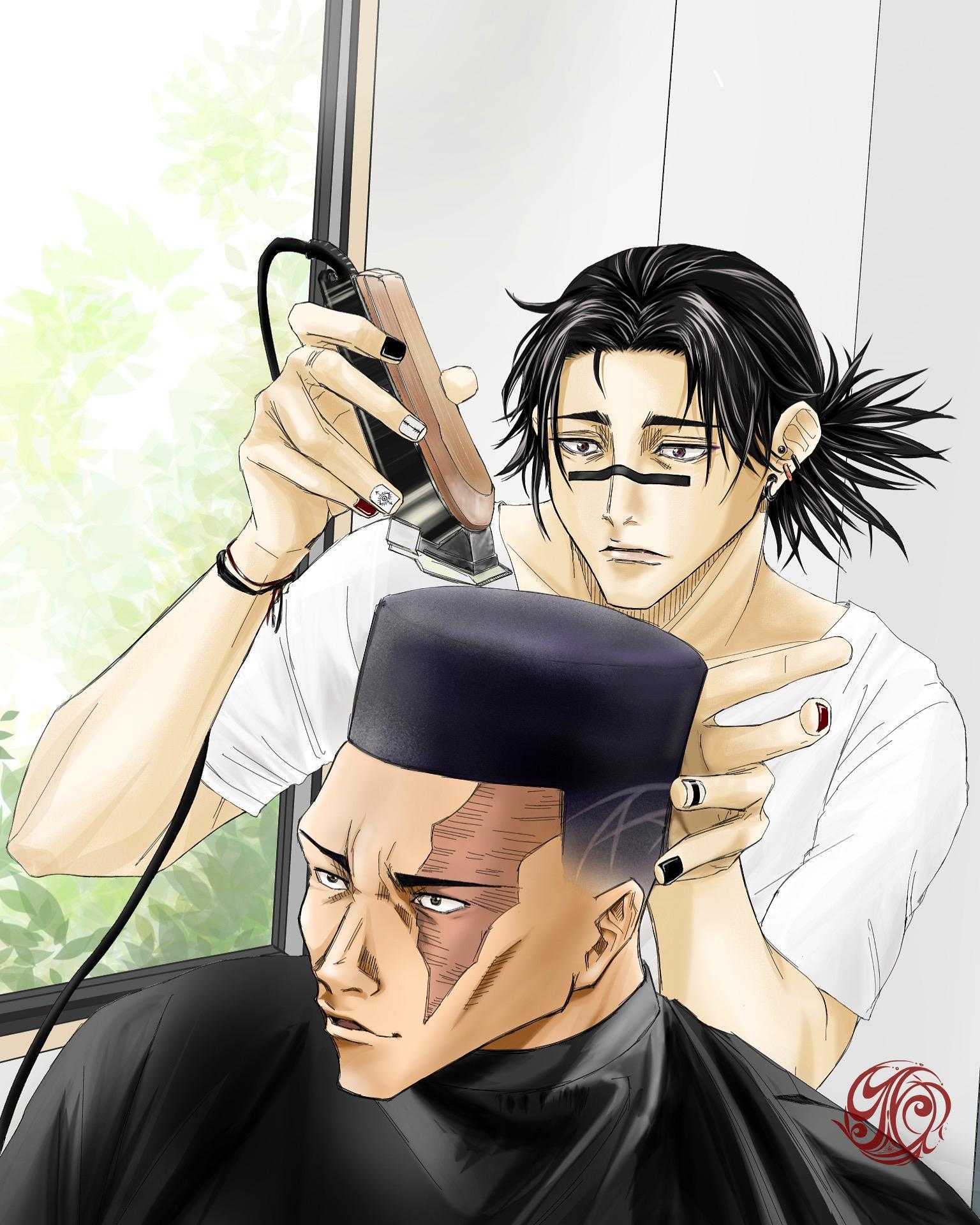 anime image of a man getting his hair cut by a barber