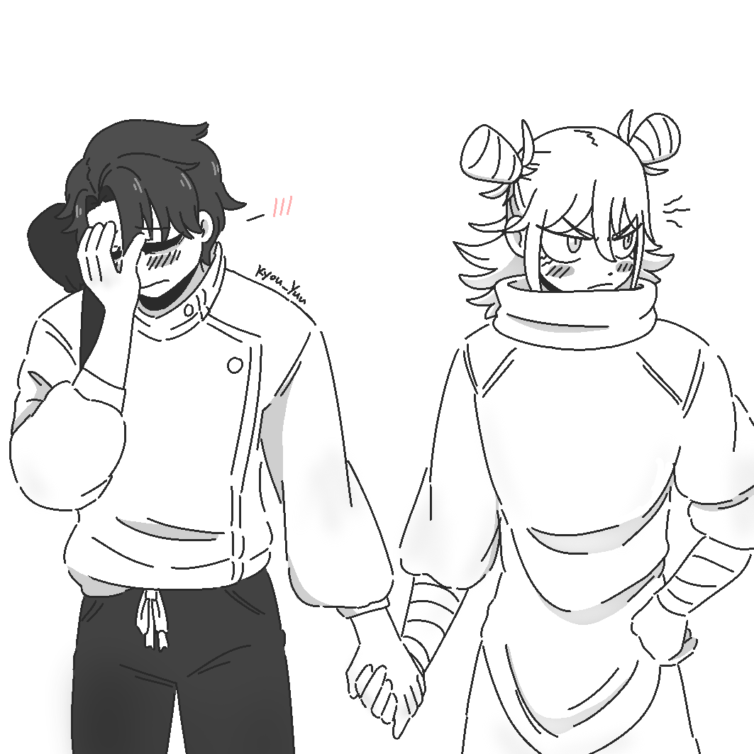 anime drawing of a man and a woman holding hands