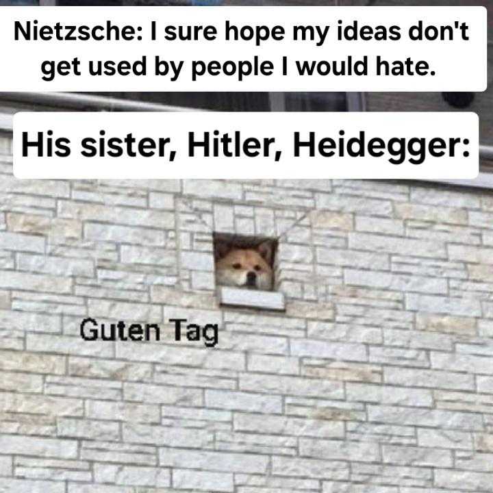 araffe dog sticking out of a window with a caption saying, ` i hope my ideas don ' t get used by people i would hate his sister, hitler, heideger '