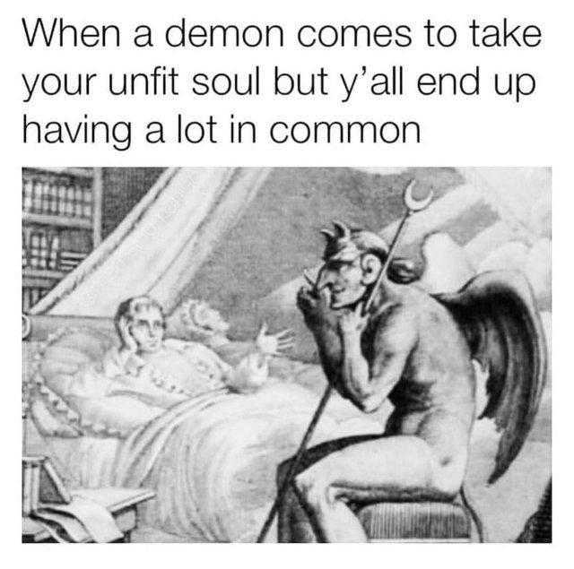 a drawing of a demon sitting on a bed with a baby in the background