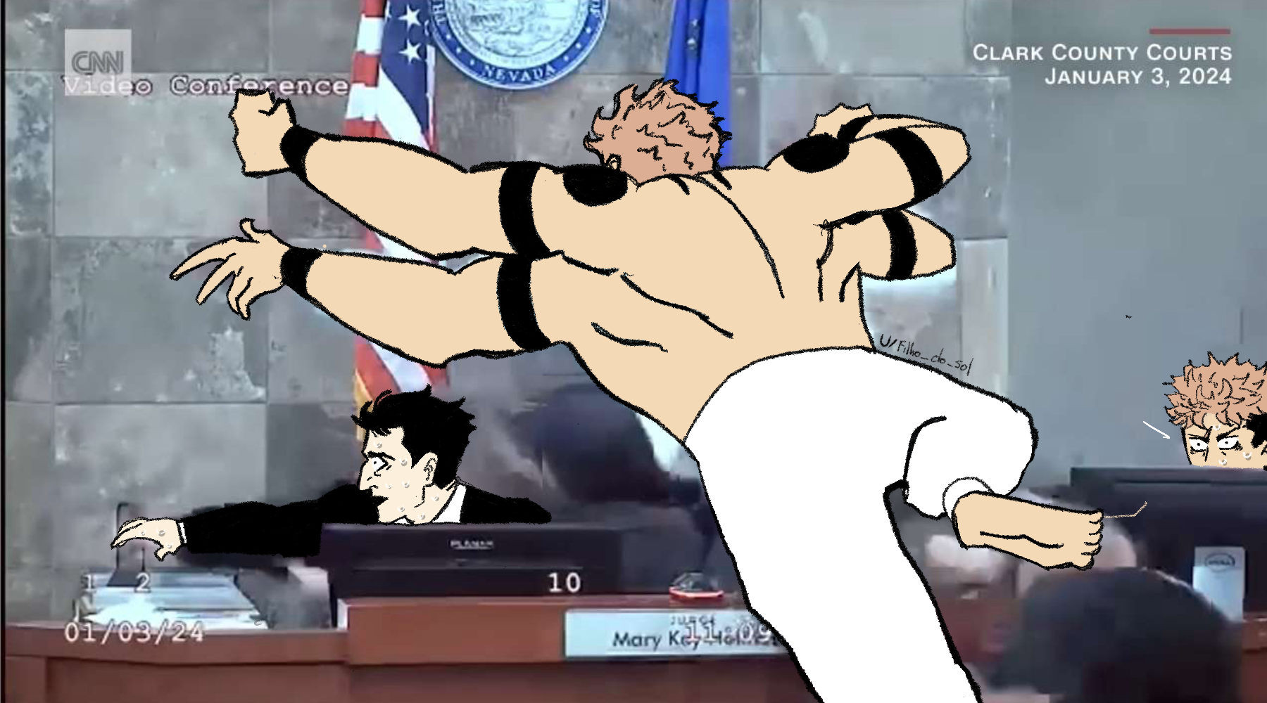 cartoon of a man in a wrestling stance in front of a judge