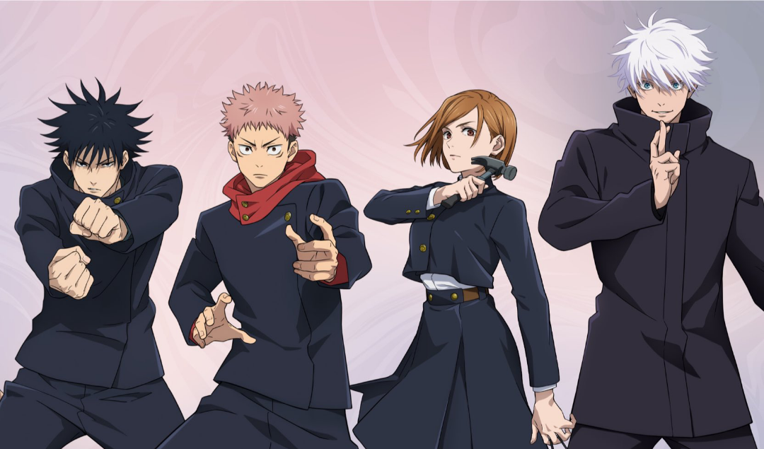 a close up of a group of anime characters with different poses