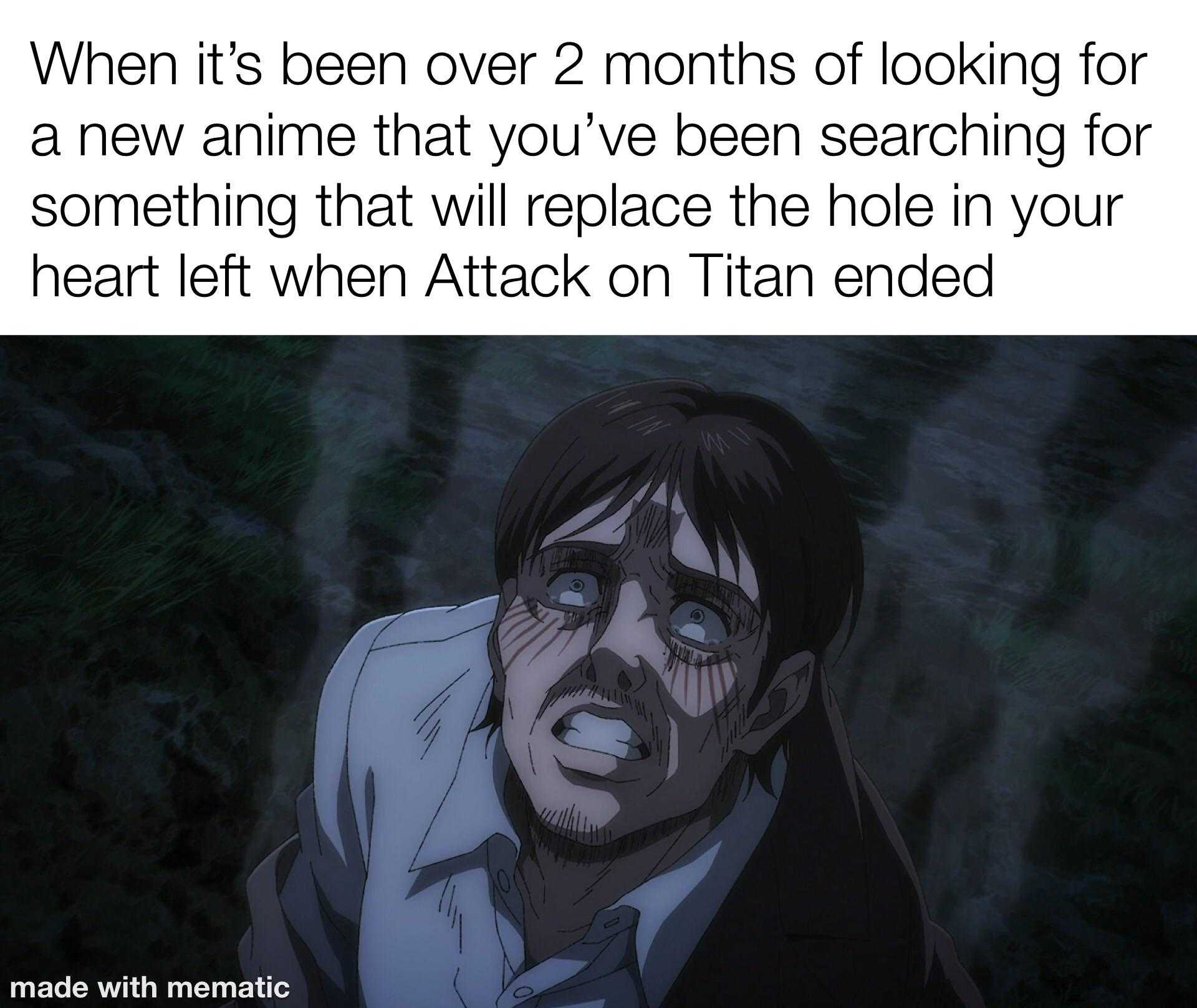 anime, memes, and when i ' m not a fan of the anime that you ' ve been speaking for something that will replace the hole in your heart when attack on titan ended