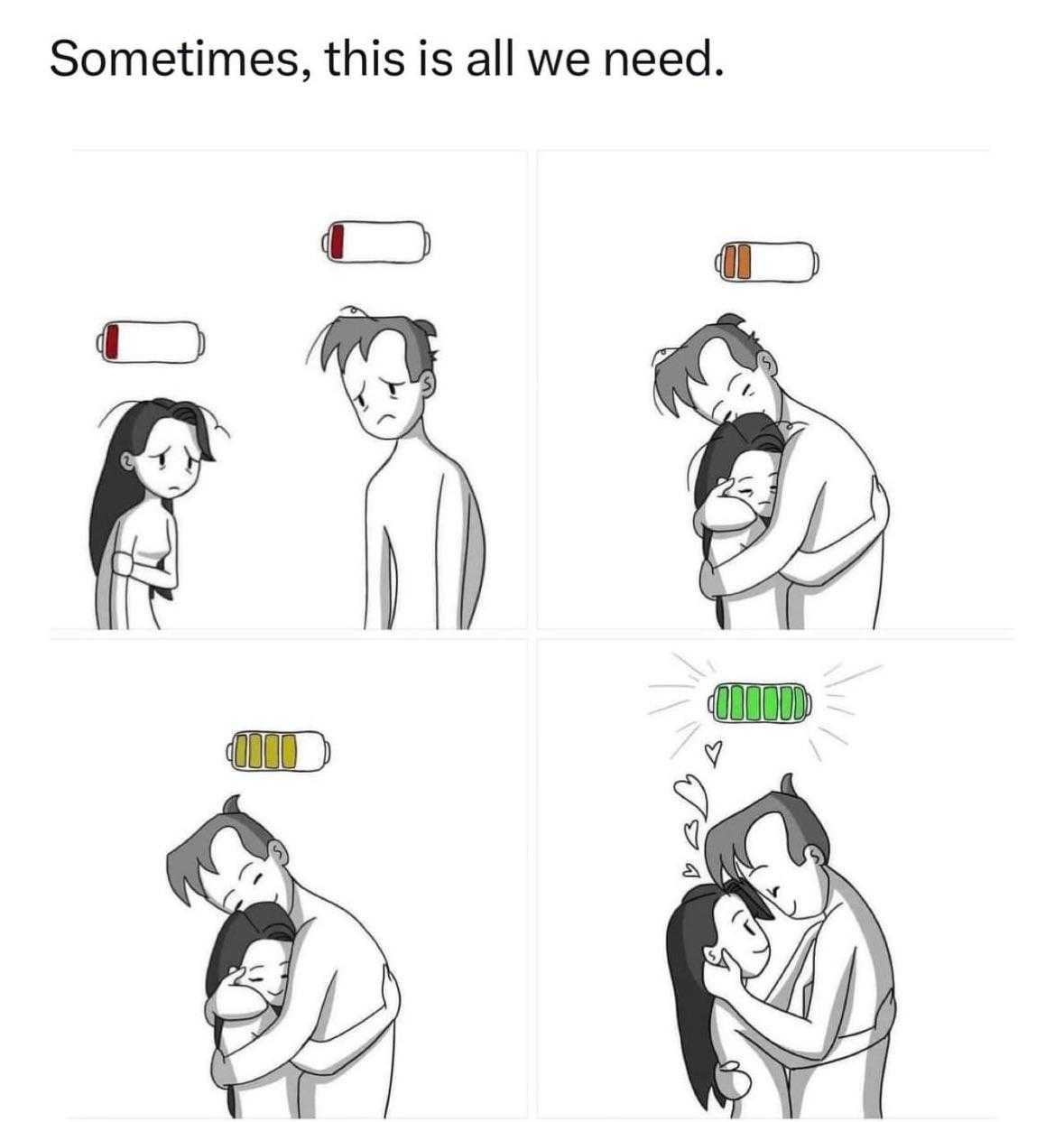 a cartoon of a man and woman hugging each other with a pill in the background